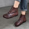 Square Toe Genuine Leather Flat Short Boots Retro Pleated Handmade Soft Soled Women's Shoes