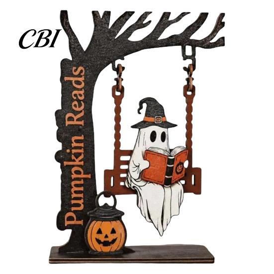 Office Desk Decoration Items Halloween Desktop Swing Decor, Spooky Home Reading Ghost on A Figurine Unique Wooden Craft Gifts for Living Room Kitchen
