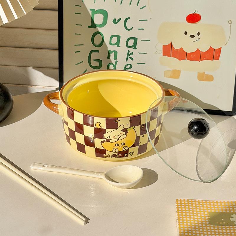 Ins Крем Ветер Банан Щенок Двуручная Миска для Лапши Быстрого Приготовления Студенческое Общежитие Миска для Риса 2025 Новая Миска для Порошка Улитки