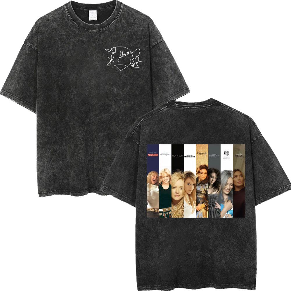 Hilary Duff The Lucky Me Tour Vintage Washed Tshirt Fashion Aesthetic Short Sleeve Tshirts Men Women Casual Loose T Shirt