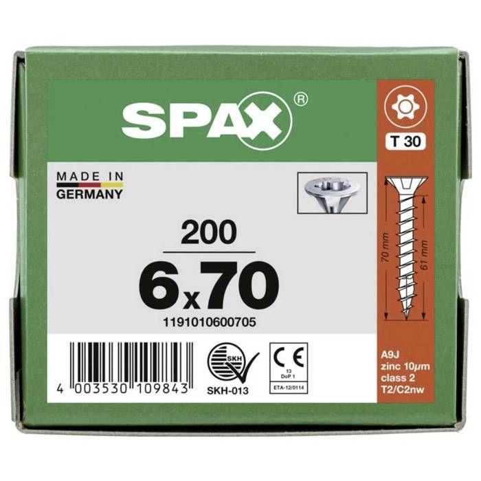 Vis bois - SPAX - T30 - Ø 6 mm - 70 mm - Zingué blanc - Boîte de 200 pièces