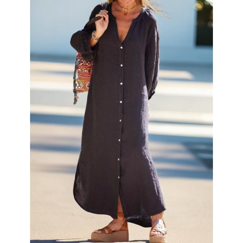 Tooxika 2024 Осень Новое повседневное свободное платье-рубашка с V-образным вырезом большого размера с длинными рукавами из хлопка и льна