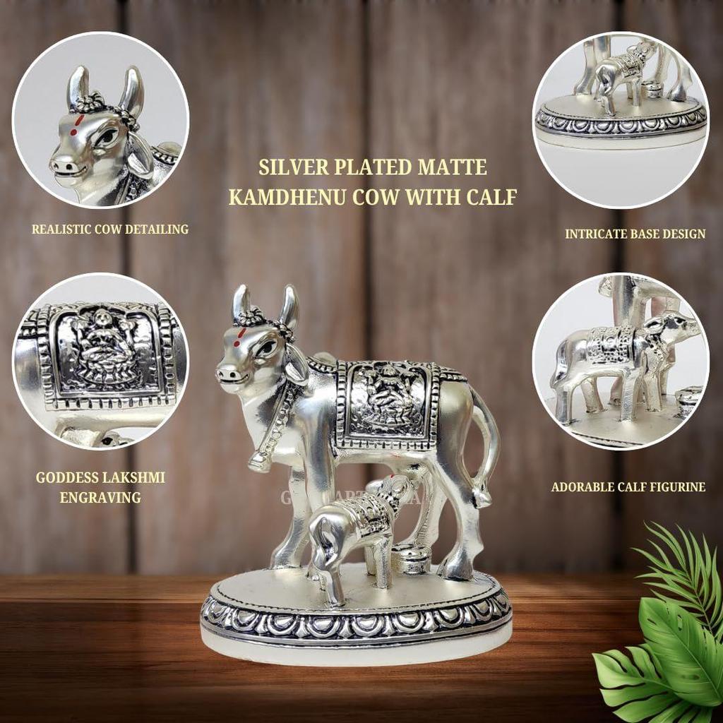 Kamdhenu Cow and Calf Idol | Silver Matte Finish Decorative Murti | 7.62 Cm X 7.62 Cm | Sacred Gau MATA Statue for Home Temple & Gift