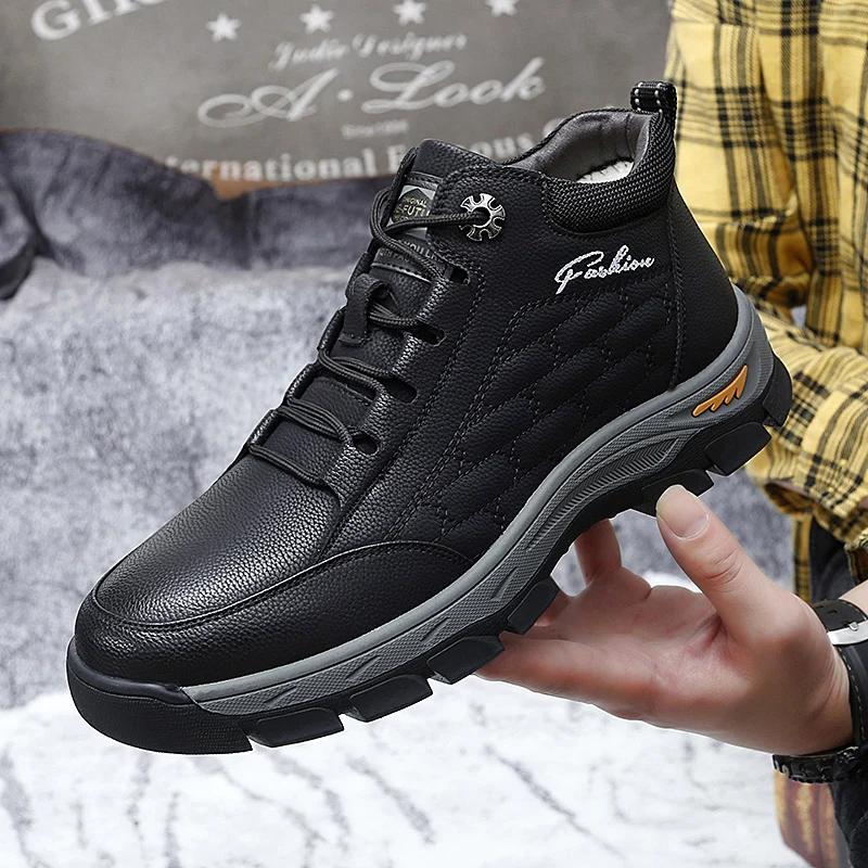 Мужские туфли из натуральной кожи в стиле ретро, мужские теплые и мягкие повседневные туфли из коровьей кожи с высоким берцем, хлопковая обувь для активного отдыха, походная обувь