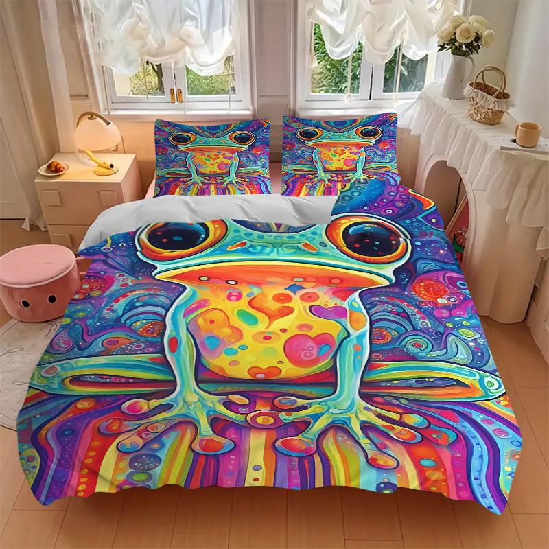 3pc Froggy Colors Cover Set - 1 Quilt Cover + 2 Pillowcases, All Seasons Bedroom Setting, Perfect for Home073