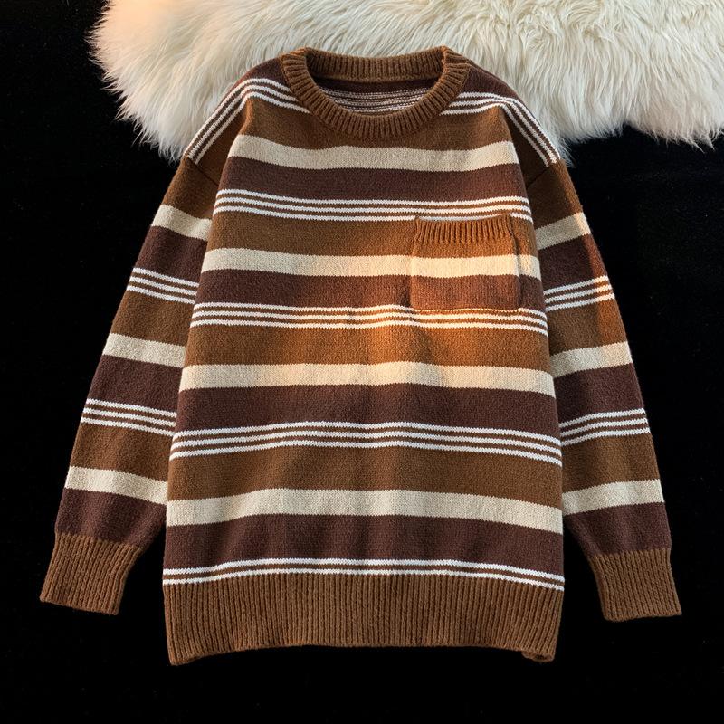 Контрастная полосатая шерстяная одежда для мужчин на осень и зиму, свободные свитера с круглым вырезом в стиле Гонконга, модные ретро-свитера в стиле кэжуал