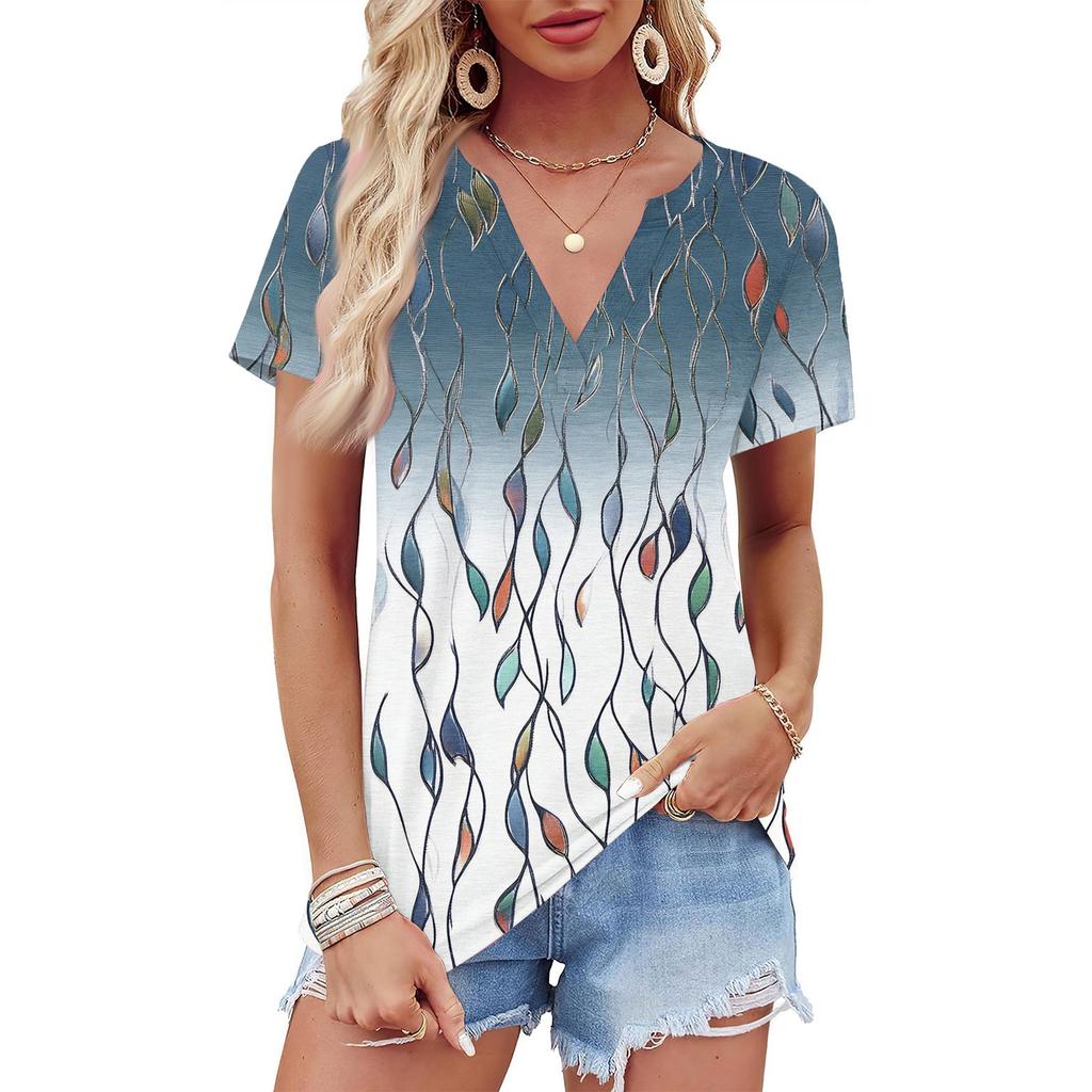 Женская летняя рубашка с коротким рукавом и V-образным вырезом с цветочным принтом, деловая повседневная свободная футболка, трендовая модная одежда, топы