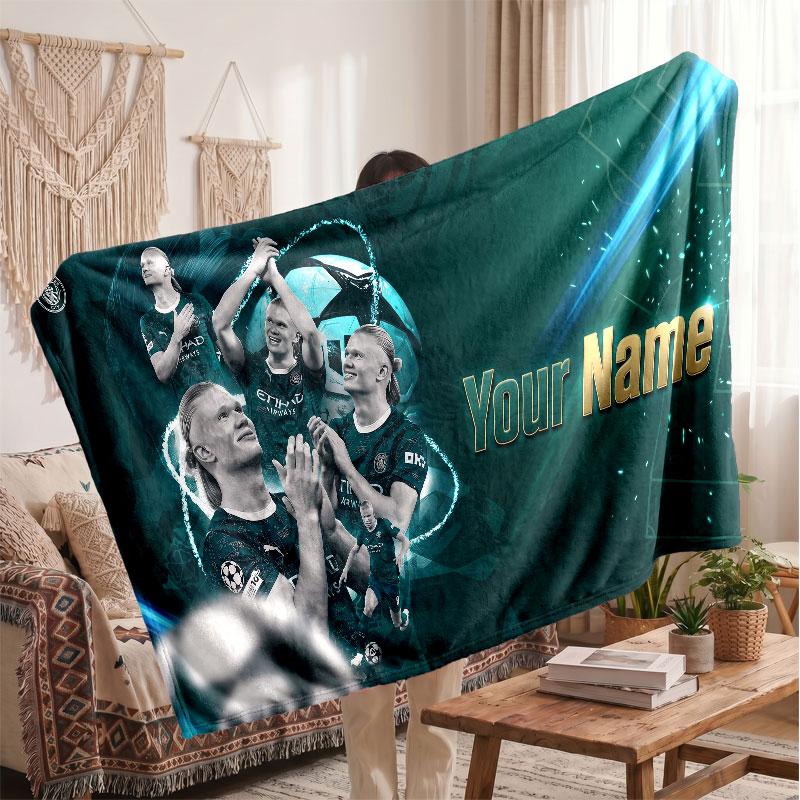 Erling Haaland Personalized Fleece Blanket With Football Logo, Custom Name Text Soft Warm Home Throw Blanket