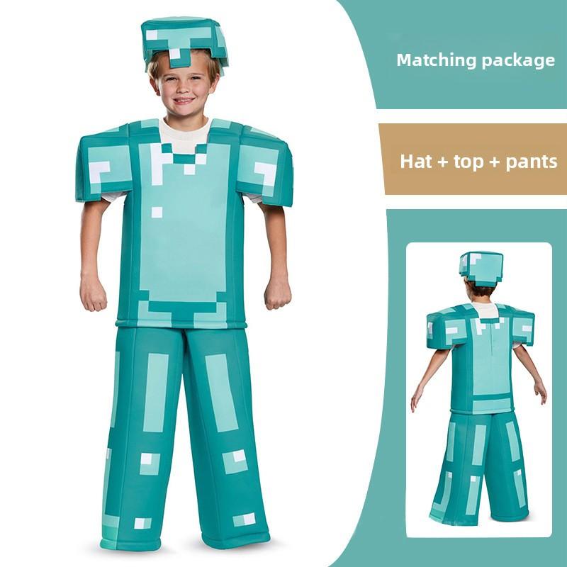 Carnival Party Kids Cosplay Diamond Armor Game Character Steve Cosplay Costumes Blue Outfits Dress Set for Halloween Dress Mask