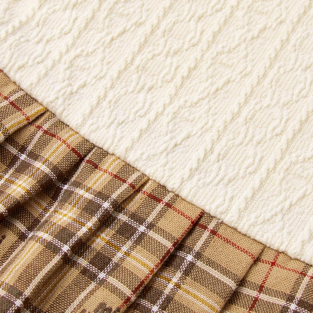 Длинное клетчатое платье цвета слоновой кости [Miki House], Рукава, С воротником, Медведь, Узор, Для девочек, Малыш, Дети, Детская одежда, 13-1901-571, 80см,