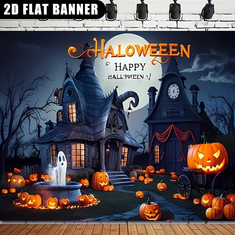 1 piece of 2D flat banner - "Nighttime Jungle Witch Cottage Well Ghost Design Theme Halloween Banner"