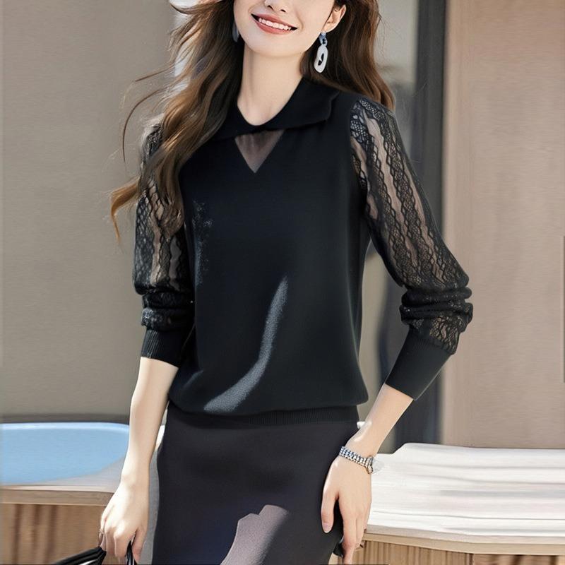 Spring and Autumn Lace Knitted Sweater Long Sleeve Top Women's Small Lapel Bottom