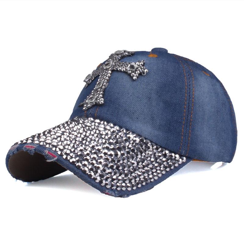 Бейсболки с буквой и стразами Новая мода Кепка-snapback Женская Мужская Блестящая с крестом и стразами Джинсовая бейсболка