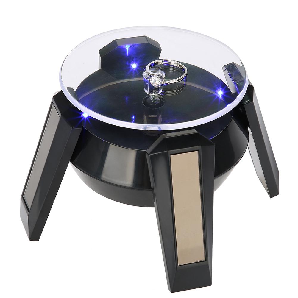 Solar 360 Degrees Rotating Turntable Watch Phone Jewelry Display Stand LED Light (Black)