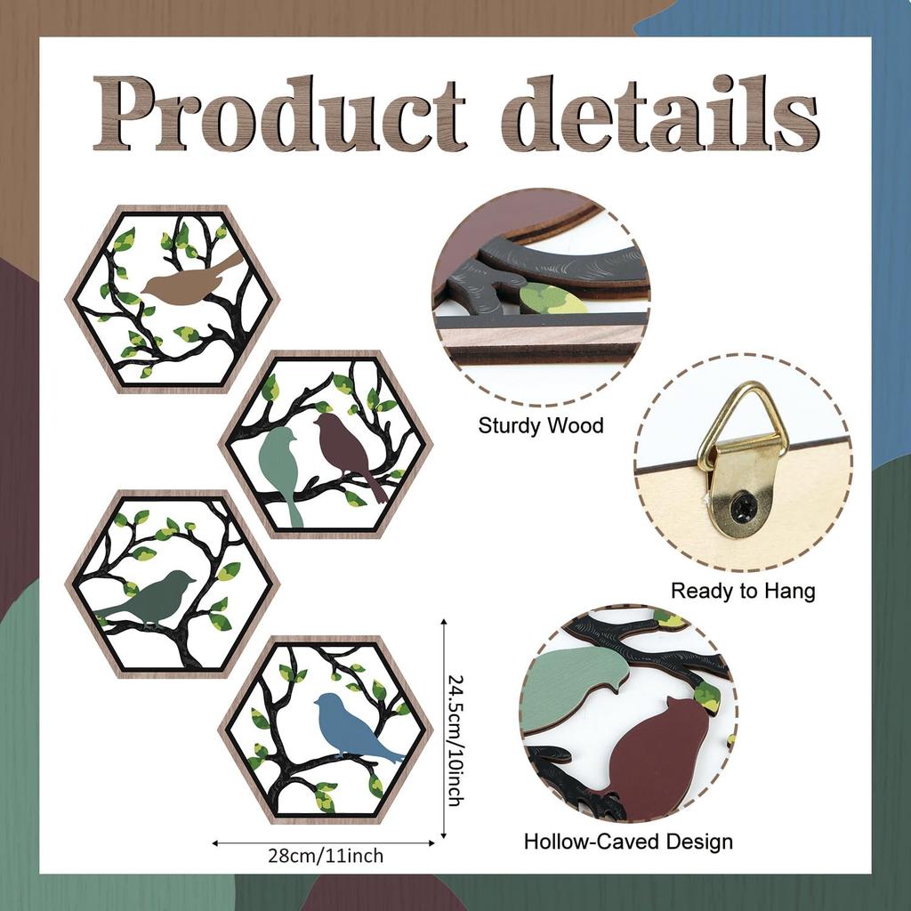 CHDITB 4Pcs Wooden Bird on Birch Tree Branch Wall Art, Boho Modern Green Leaves Silhouette Bird Laser Cut Artwork, Rustic Farmhouse Nature Wall