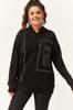 Women's Style Big Size Sweatshirt Large Size Leather Pocket Detailed Stone Embroidered Black Sweatshirt