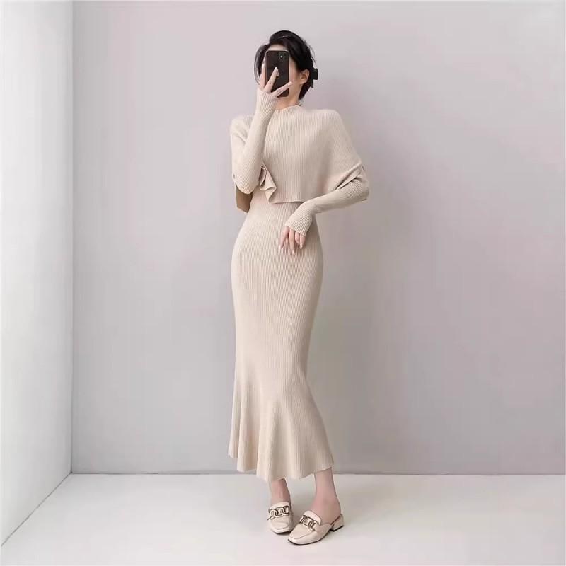 Elegant French-Inspired Knit Wrap Shawl Dress Set Slim Fit Longline Sweater Skirt Outfit Women Fall Winter