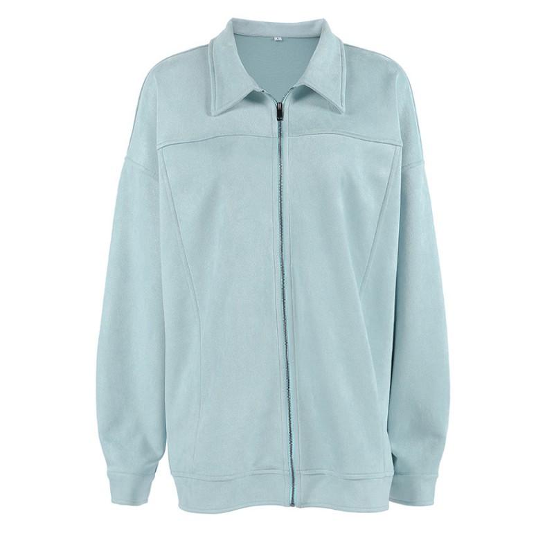 Womens Casual Blue Suede Jacket Loose Fit Turn-Down Collar Zip Up Coat Winter