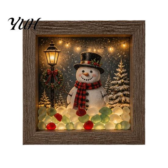 Christmas Desktop Night Light Sea Glass Shadow Box Light, 3D Winter Snow Scene Wooden Cozy Atmosphere Lamp Art Frame with LED Warm Glow, Landscape