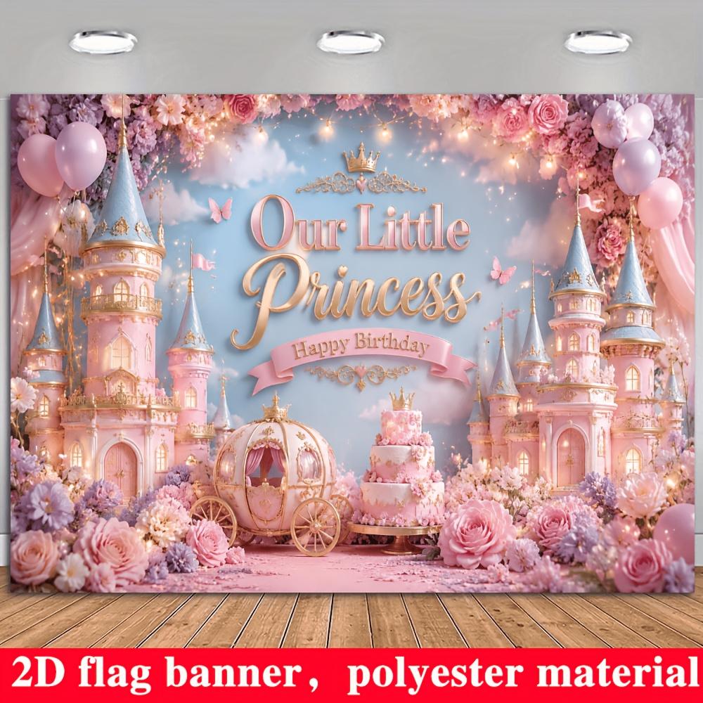 Princess Castle Birthday Backdrop Banner, Pink Purple Flowers Balloons Carriage Cake Crown Butterfly, Polyester Wall Decor