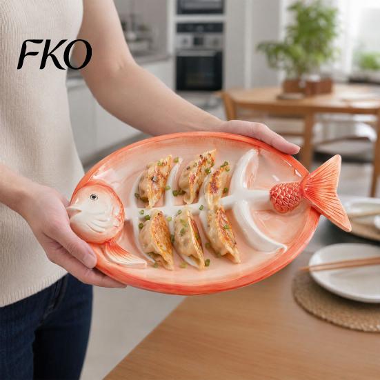 Three-dimensional Fish Plate Shaped Ceramic Dumpling Plate, Sushi Serving Tray with Red Gradient Platter Dip Sauce Grooves, Multifunctional Appetizer
