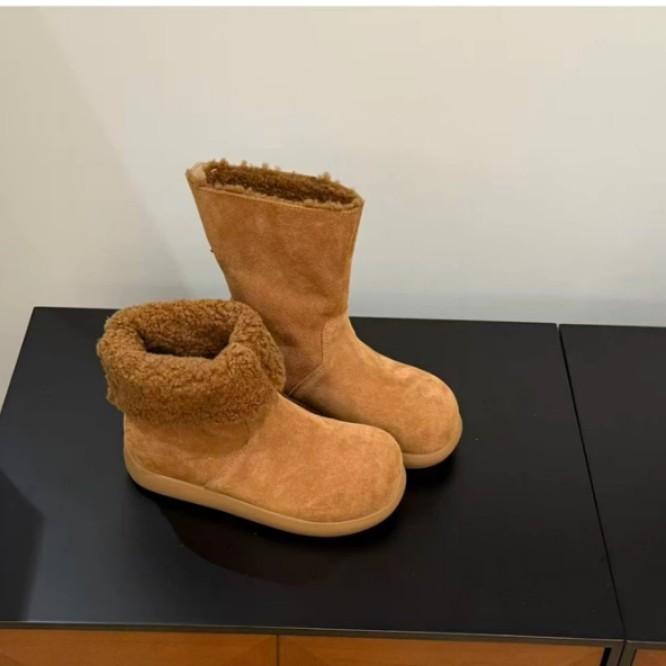 Cowhide Version Snow Boots Women's Winter New Two Wear Piled Thickened Cotton Shoes Fluffy Shoes Short Boots