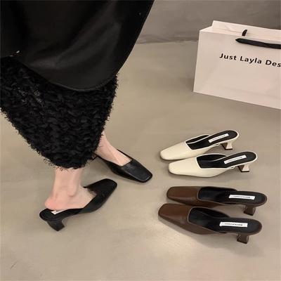 2025 лето новые квадратные босоножки женские носят универсальные толстые каблуки после пустых ленивых людей педали мешок головка высокие каблуки босоножки