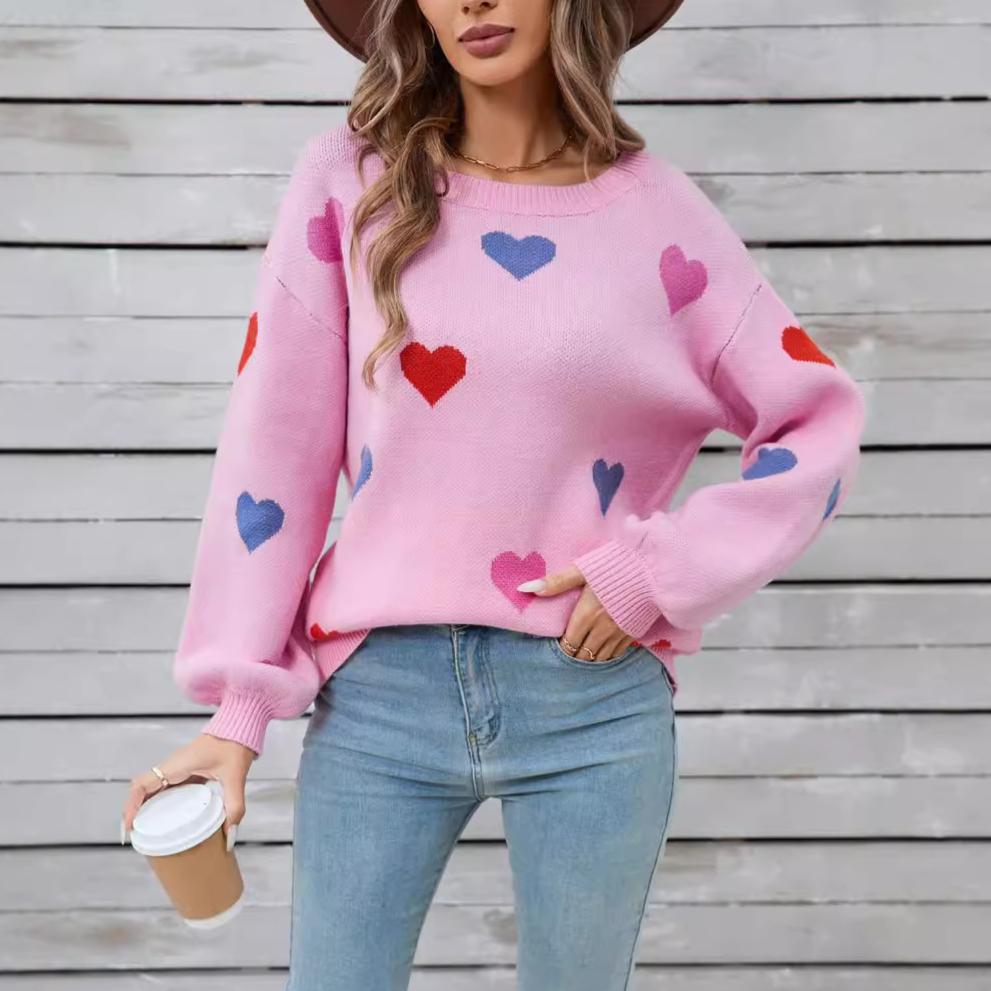 Winter Women's Sweater Love Valentine's Day Round Neck Pullover Peach Heart Sweater