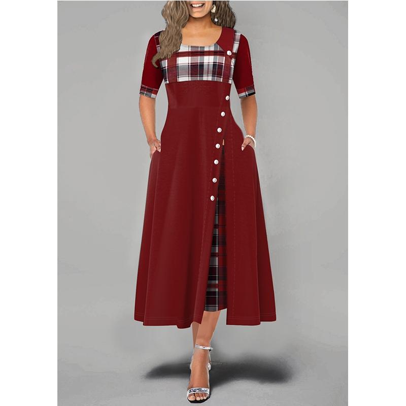 Женское модное платье макси в клетку с короткими рукавами и пуговицами, большие размеры S-5XL