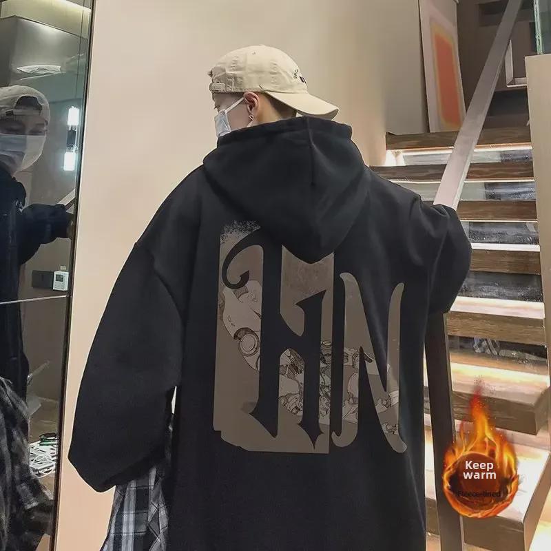 Мужская толстовка с капюшоном из японского бархата больших размеров — модная и свободная на осень/зиму