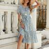 Women's Print Hollowed-out Lace Patchwork Ruffle Dress Multi-style Wear with Short-sleeved Dress
