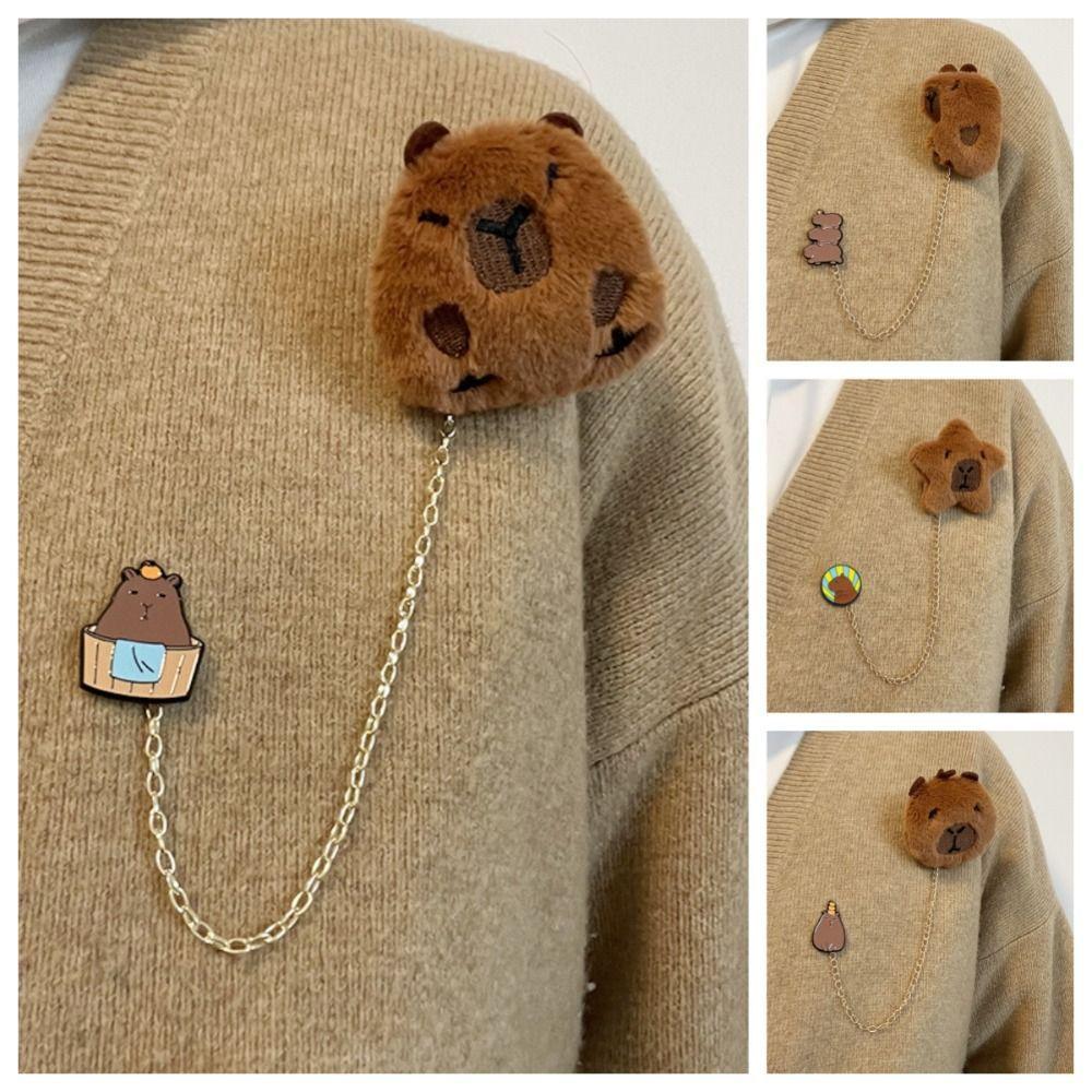 1pc Cute Cartoon Capybara Lapel Pin Brooch, Elegant Versatile Fashion Accessory for Sweaters and Coats, Polyester Fabric with Chain, No Plating - Mixe