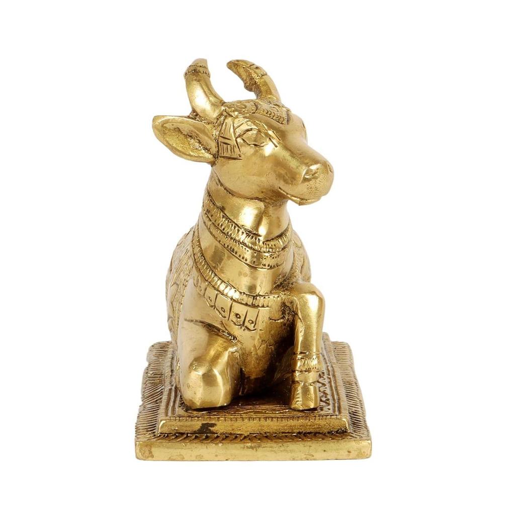 Гравированная в виде лотоса 5-дюймовая латунная статуя коровы Нанди на основании, латунный идол Нанди, статуя Нанди для дома/храма, стандартная, упаковка из 1 шт., Господь Шива, Шива