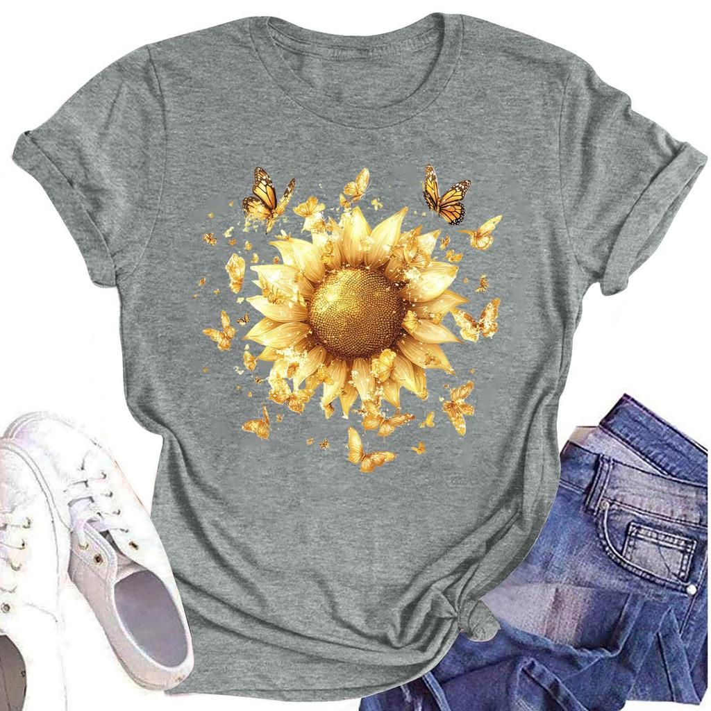 Женская повседневная футболка с круглым вырезом и цветочным принтом, короткий рукав