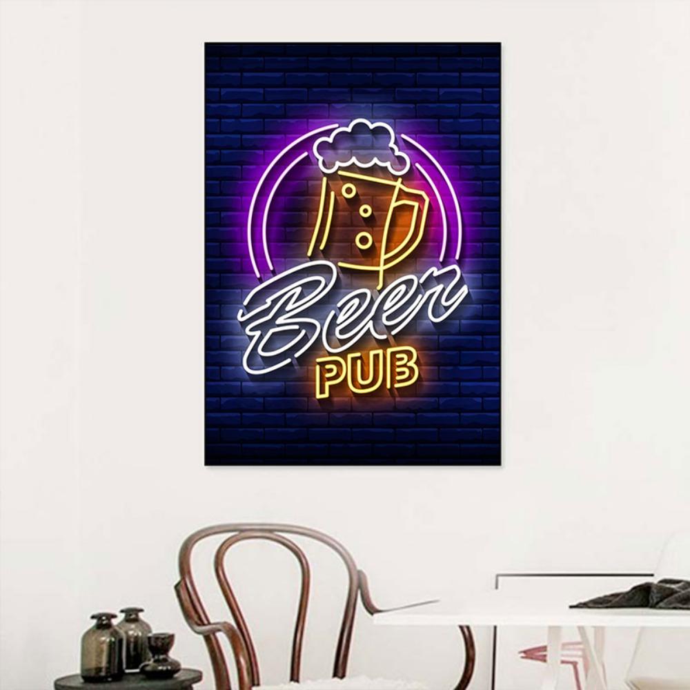 Неоновый эффект Пиво Happy Hour Паб Плакат Печать Холст Картина Настенная картина Для Бара Гостиная Домашнее украшение БЕЗ СВЕТОДИОДОВ