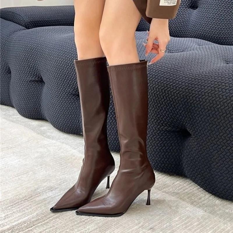 Ladies Shoes  Hot Sale Zipper Knee-High Women's Boots Autumn Pointed Toe Solid High Heels Elegant Fashion Versatile Boots