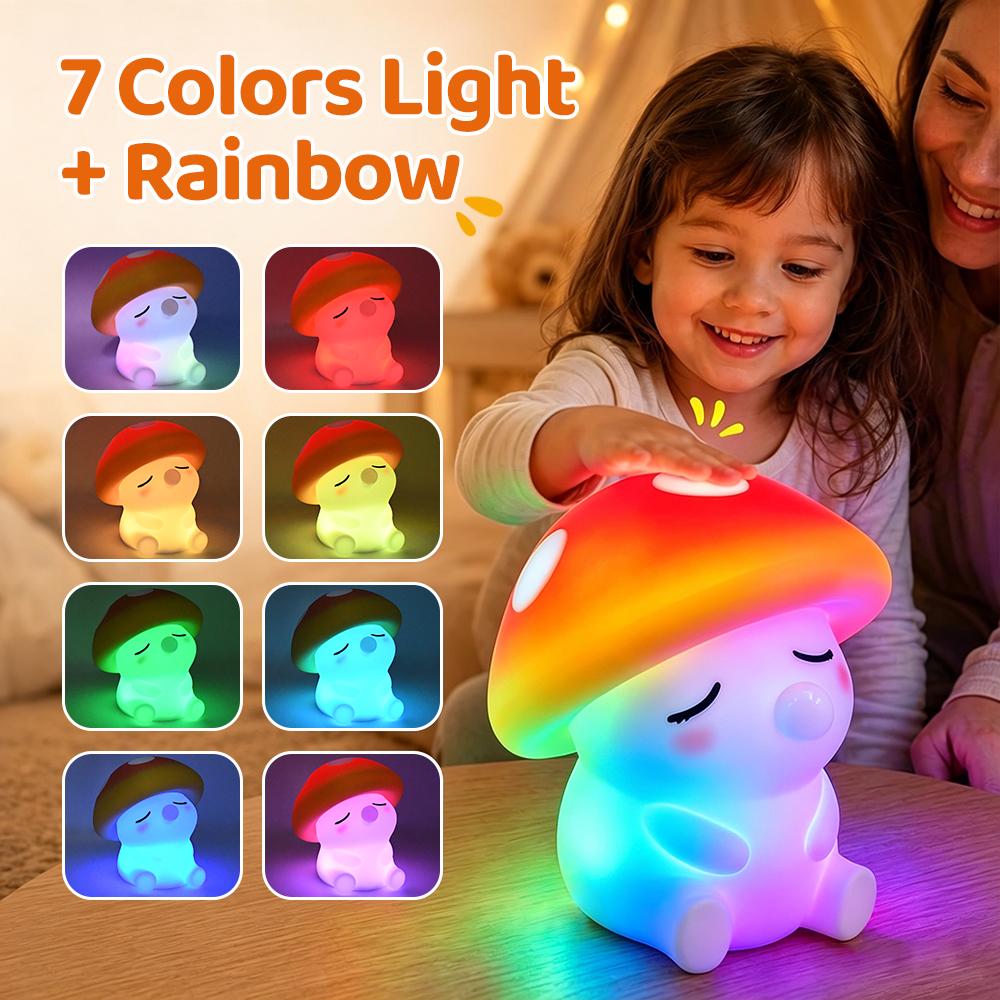 Squishy Mushroom Night Light With RGB Color 2 Brightness Adjustable Nursery Nightlight Rechargeable Silicone Touch Bedside Lamp