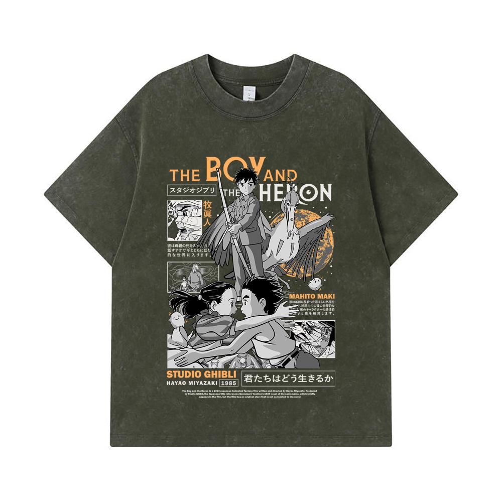 275 GSM Washed T-shirts 100% Cotton Ghibli V3 The Boy The Heron Print Unisex Heavy Cotton T Shirt