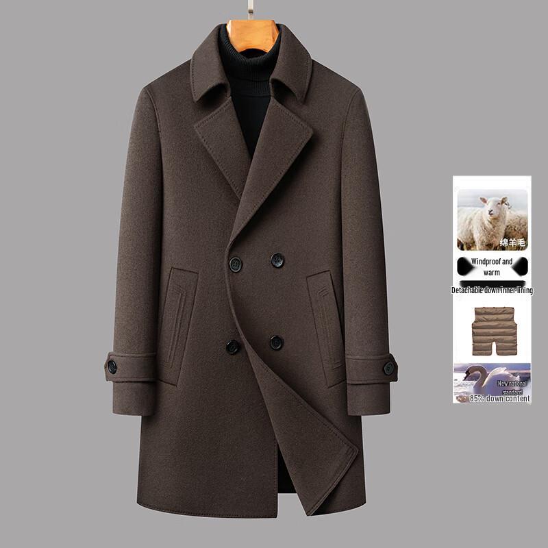 Men's 100% Wool Double-Breasted Overcoat with Detachable Goose Down Liner