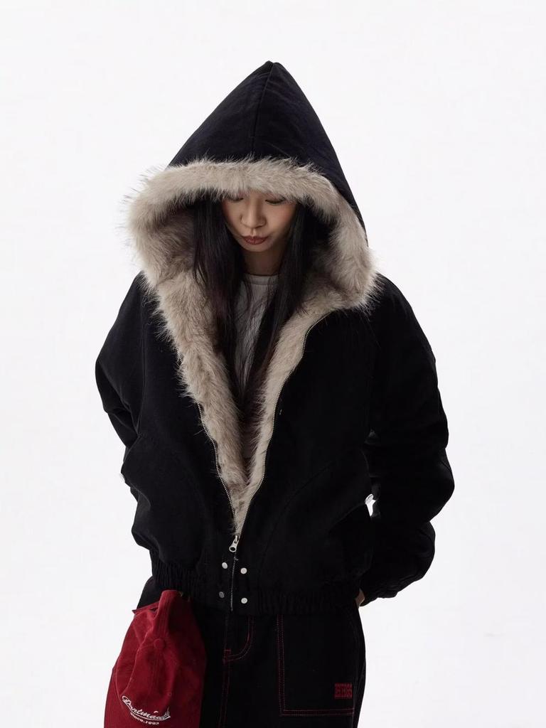 Унисекс Зимняя Утолщенная Ретро Хлопковая Куртка с Капюшоном и Меховым Воротником-Орлом