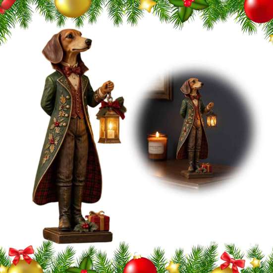 Hand Painted Puppy Desk Accessory Christmas Dachshund Figurine with Lighted Lantern, Resin Gentleman Dog Statue, Holiday Tabletop Decor for