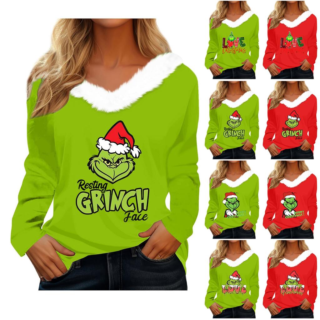 Women's T Shirt Tee Christmas Shirt Long Sleeve Party Christmas Fleece Collar V Neck Top