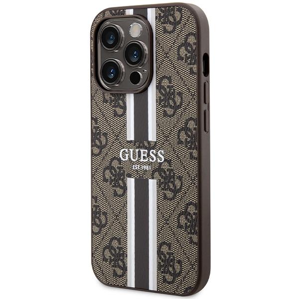 Чехол для iPhone 15 Pro Guess MagSafe с принтом в полоску, коричневый