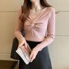 Пуловеры Сексуальный свитер для девочек с V-образным вырезом, модный вязаный свитер с длинным рукавом, тонкий осенний эластичный мягкий женский завязанный базовый топ