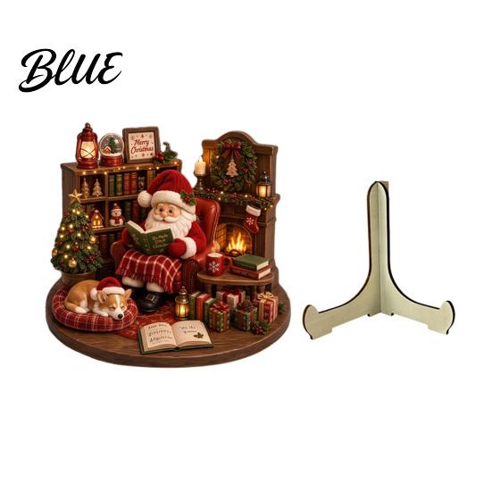 Christmas Tabletop Ornaments 2D Wooden Castle Ornament, Santa Scene Bookshelf Decoration Decorative Holiday Signs with Stand, Festive Gift for
