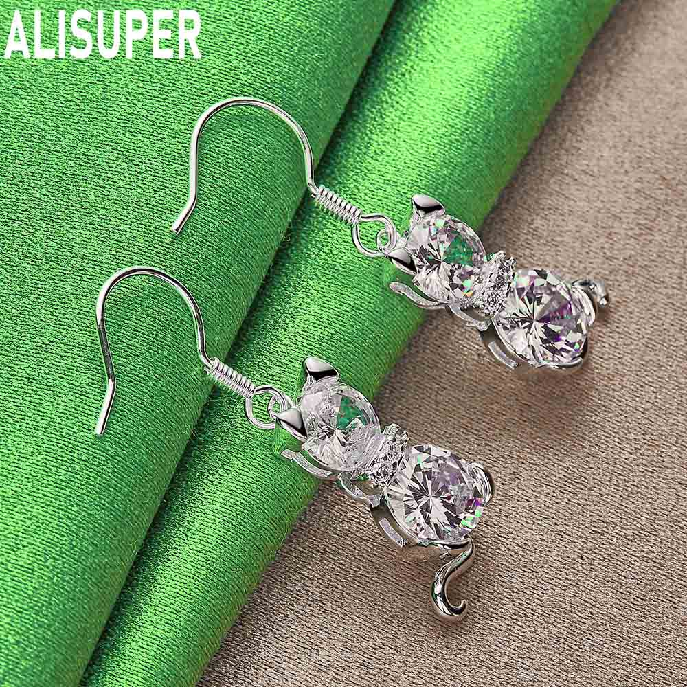 925 Sterling Silver Cat AAA Zircon Pendant Piercing Earrings Fashion Charm Wedding Jewelry