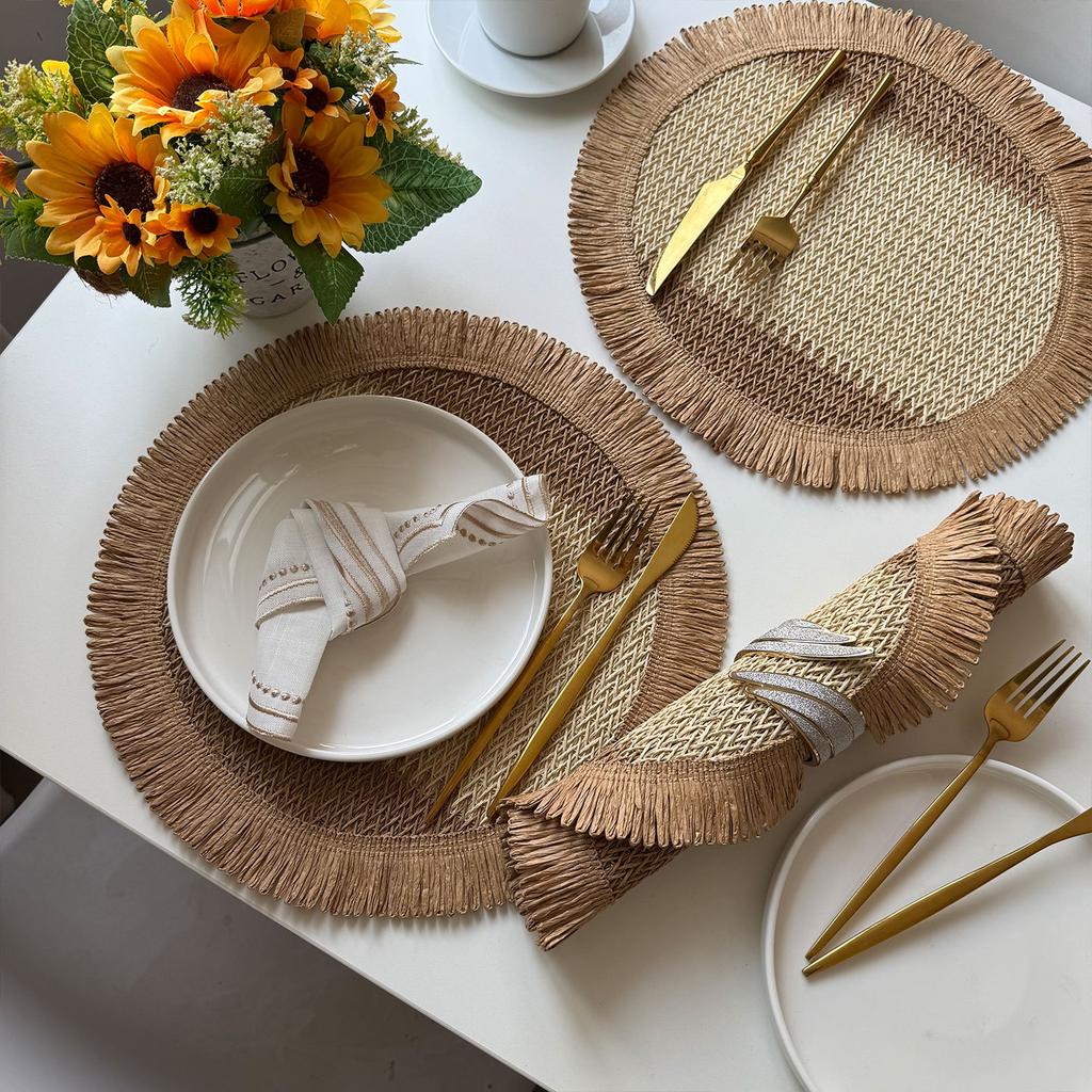 Round paper rope woven placemat splicing Christmas decorative mat creative paper mixed thermal insulation creative fringed table mat