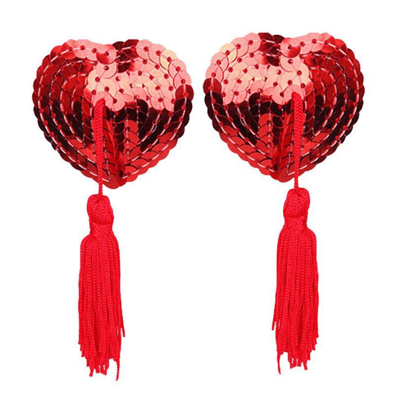 Heart-Shaped Silicone Nipple Covers with Tassels and Sequins - Sexy Lingerie Accessories