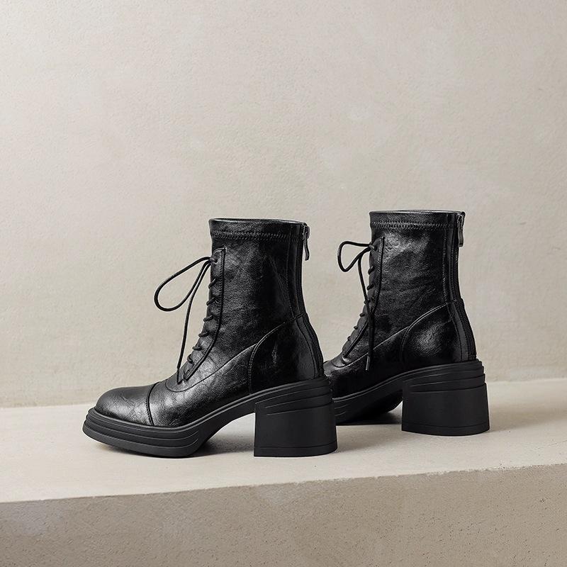 Great To Wear! Treasure of the Town Store~ 2025 Autumn and Winter High-heeled Elastic British Martin Boots Women's Lace-up Thick-heeled Short Boots