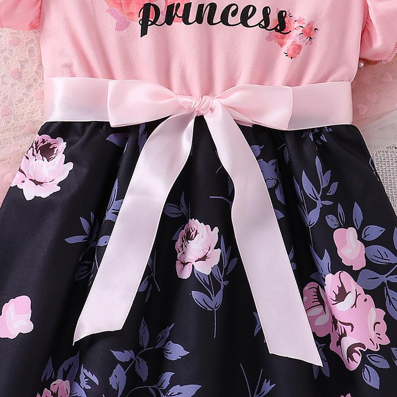 Платье с цветочным принтом для девочек, коллекция 2024 г., летняя модная детская одежда, розовые рукава-лепестки, детская юбка принцессы, хлопковые платья